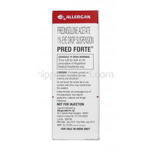 プレッドフォルテ Pred Forte Eye Drop, Branded, プレドニゾロン酢酸エステル, 1% 10ml, 点眼薬, 箱記載情報