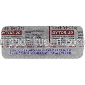 トルセミド（デマデックス ジェネリック）Dytor, 20mg 錠 (Cipla) 包装裏面