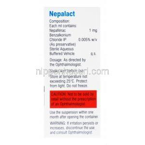 ネパラクト点眼薬, ネパフェナク, 0.1%, 5ml, 箱裏面情報, 成分, 含有量,保管方法, 注意事項