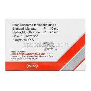 マイレン酸エナラプリル / ヒドロクロロチアジド配合 （Generic  Vaseretic）, Enapril-HT, 10mg/ 25mg 錠 (Intas) 成分