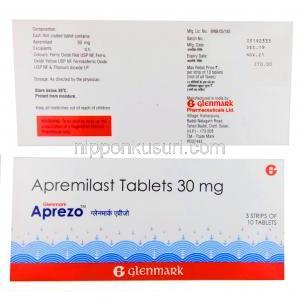 アプレゾ (アプレミラスト) 30mg (Glenmark Pharma社製）箱表面、裏面