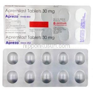 アプレゾ (アプレミラスト) 30mg (Glenmark Pharma社製）錠剤シート表面、裏面