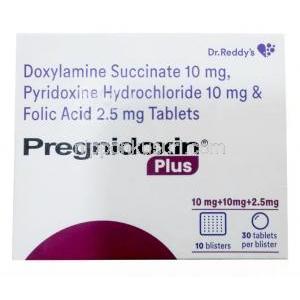 プレグニドキシンプラス ,ドキシラミン 10mg/ ビタミンB6（ピリドキシン) 10mg/ 葉酸 2.5mg, 製造元：Dr Reddy's Laboratories Ltd, 箱表面