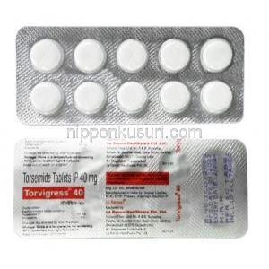 トルビグレス 40（新包装）, , トラセミド 40mg, 製造元：La Renon Healthcare, シート表面, シート裏面