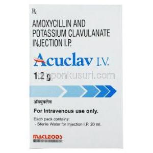 アキュクラフ 静脈注射,アモキシシリン 1000mg/ クラブラン酸 200mg, 製造元：Macleods Pharmaceuticals Pvt Ltd, 箱表面