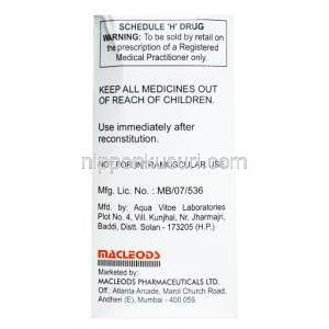 アキュクラフ 静脈注射,アモキシシリン 1000mg/ クラブラン酸 200mg, 製造元：Macleods Pharmaceuticals Pvt Ltd, 箱裏面情報