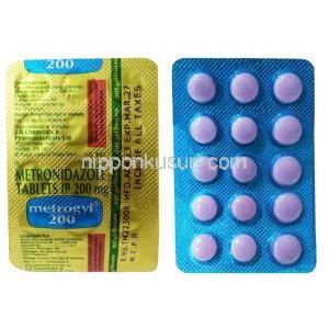 メトロジル, メトロニダゾール 200 mg, 15 錠,製造元：J B Chemicals and Pharmaceuticals,シート表面, シート裏面