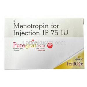 ピュアグラフ 注射,メノトロピン 75IU,製造元：Gufic Bioscience Ltd, 箱表面