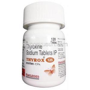 タイロックス, レボチロキシン 125mcg, 120錠, 製造元： Macleods Pharma, ボトル表面