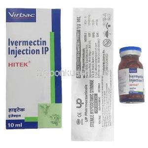 ハイテク注射, イベルメクチン 10mg, 注射 (ペット用) 10mL, 製造元：Vibac Animal Health, 箱, シリンジ情報