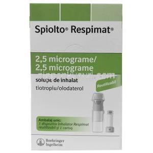 スピオルト レスピマット インヘイラー,チオトロピウム  2.5mcg/ オロダテロール  2.5mcg, 60吸入分 インヘラー, 製造元：Boehringer Ingelheim,箱表面