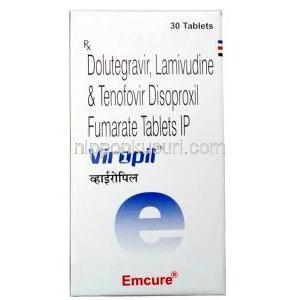 ビロピル,ドルテグラビル 50mg／ラミブジン 300mg／テノホビル 300mg, 30錠,製造元： Emcure Pharmaceuticals Ltd,箱表面