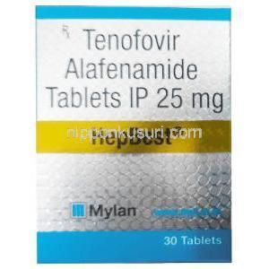 ヘップベスト,テノホビル25mg, 30錠,製造元：Mylan Pharmaceuticals, 箱表面