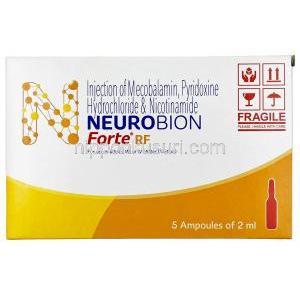 ヌロビオンRF フォルテ 注射, メチルコバラミン 1000mcg/ ピリドキシン(ビタミンB6) 100mg/ ニコチンアミド 100mg, 注射アンプル 2mL X 5本, 製造元：Merck, 箱表面