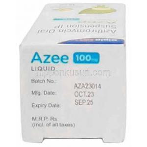 アジー内服液, アジスロマイシン 100 mg (5 mLあたり), 内服液 15mL, 製造元：Cipla, 箱情報, 製造日, 消費期限