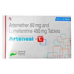 アーテヒール L,アルテメテル 80mg/ ルメファントリン 480mg, 6 錠,製造元： Healing Pharma India Pvt Ltd, 箱表面