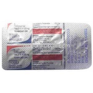 テルビカド, テルビナフィン 250 mg, 7 錠, 製造元：Cadila Pharmaceuticals Ltd, シート情報