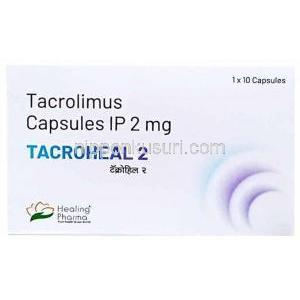 タクロヒール 2, タクロリムス 2 mg, 製造元： Healing Pharma India Pvt Ltd,箱表面