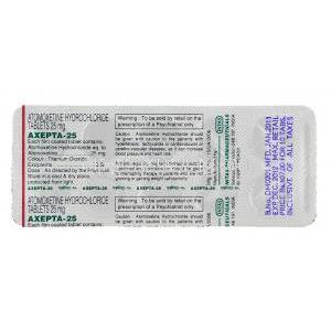 アゼプタ Axepta, ストラテラ ジェネリック, アトモキセチン 40mg 錠 (Intas) 包装裏面